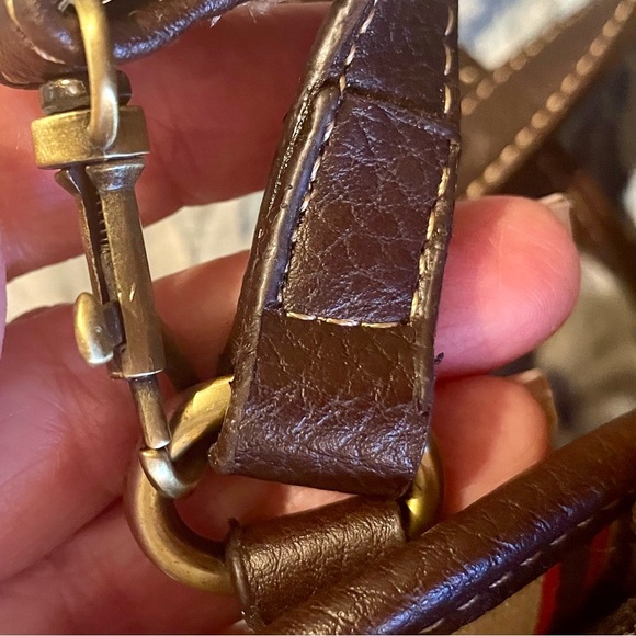 CARIBBEAN JOE (NWT) brown leather & multicolor striped canvas shoulder bag CUTE! - Picture 6 of 10